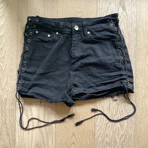 black lace up denim shorts